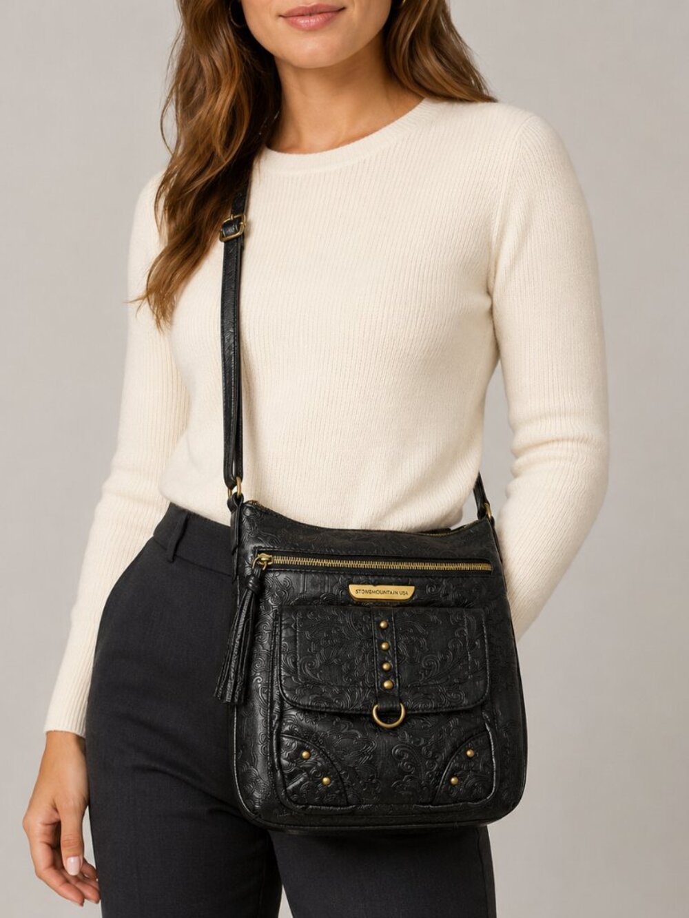 Stone Mountain Black Embossed Floral Crossbody Bag Boho Organizer Brass USA 9x10